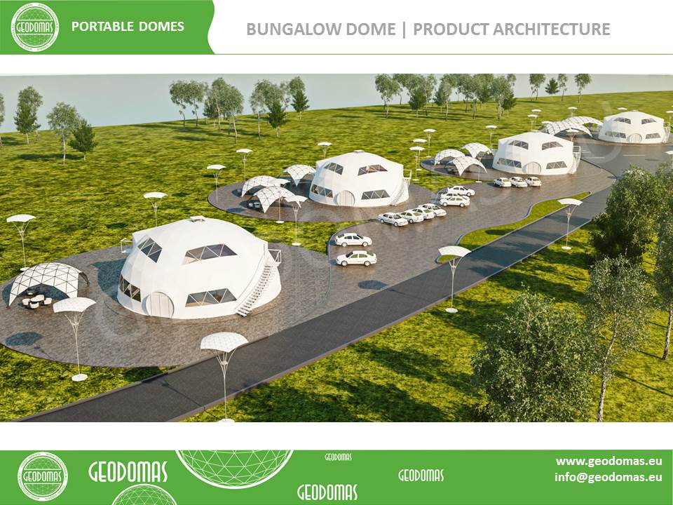 Laikinų konstrukcijų mobilus motelis | 26 kambarių Kupolas 300m² Ø16m