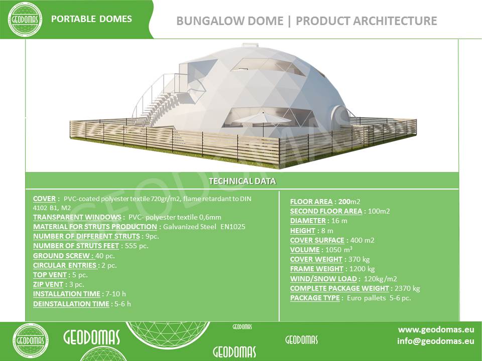 Laikinų konstrukcijų mobilus motelis | 26 kambarių Kupolas 300m² Ø16m