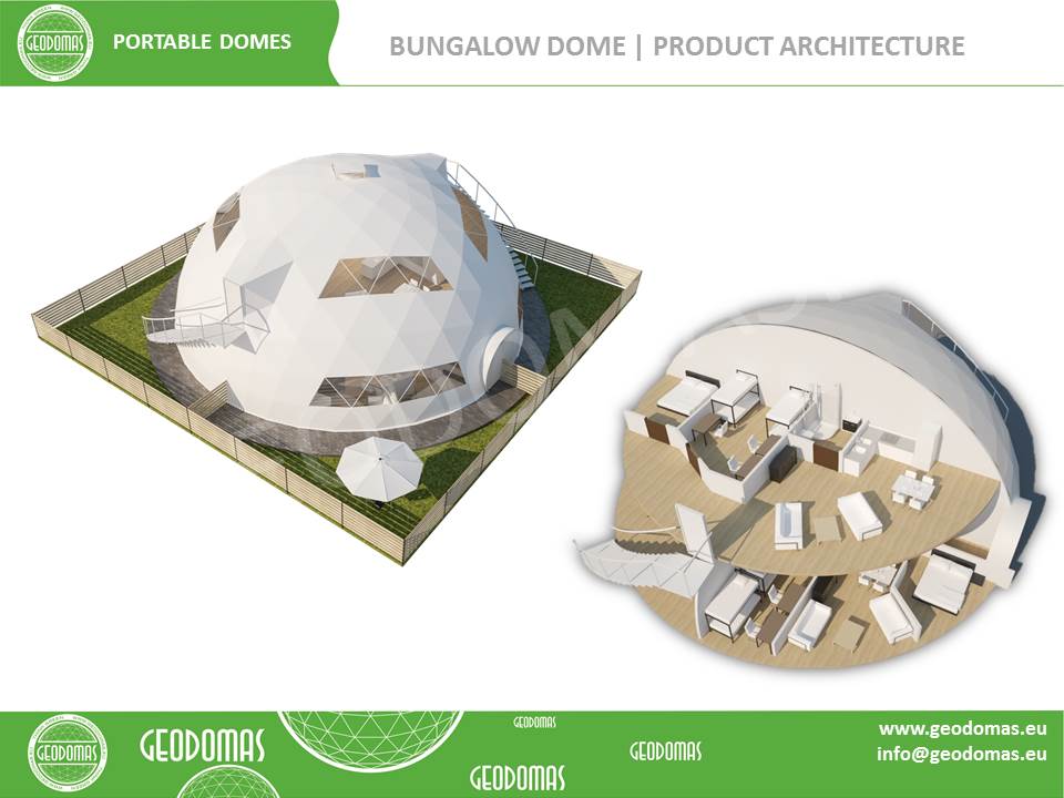 Laikinų konstrukcijų mobilus motelis | 26 kambarių Kupolas 300m² Ø16m