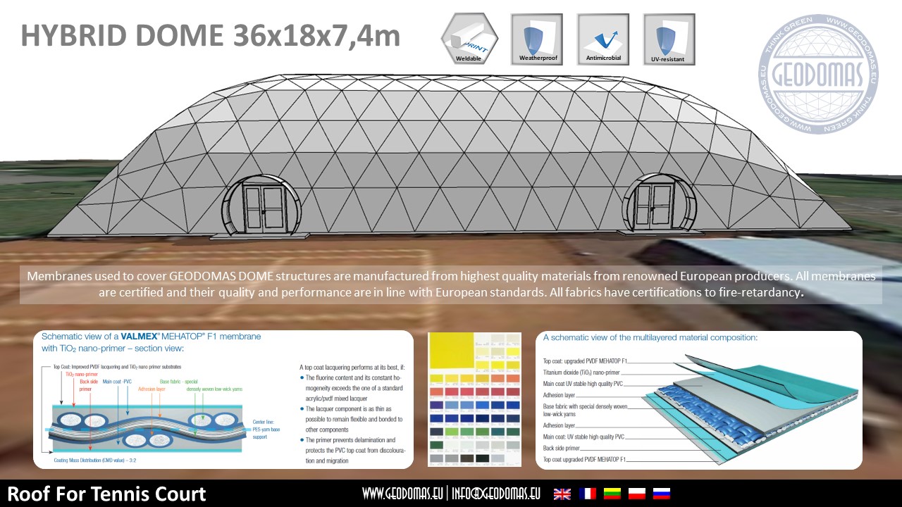 648m2 Teniso Aikštelės Kupolinė Stoginė 36x18x7,4m | Kupolai kortų uždengimui