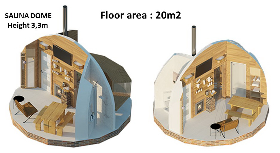 20m2 Sauna Dome Ø5m Geodesic Wooden Dome Height 3,5m